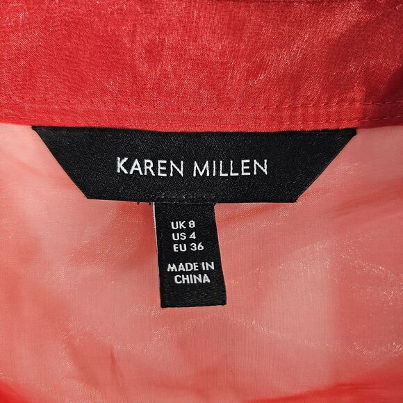 Karen Millen Red Sheer Organza Ruffle Blouse UK 8 US 4 EU 36 Button Front Top - Picture 4 of 7